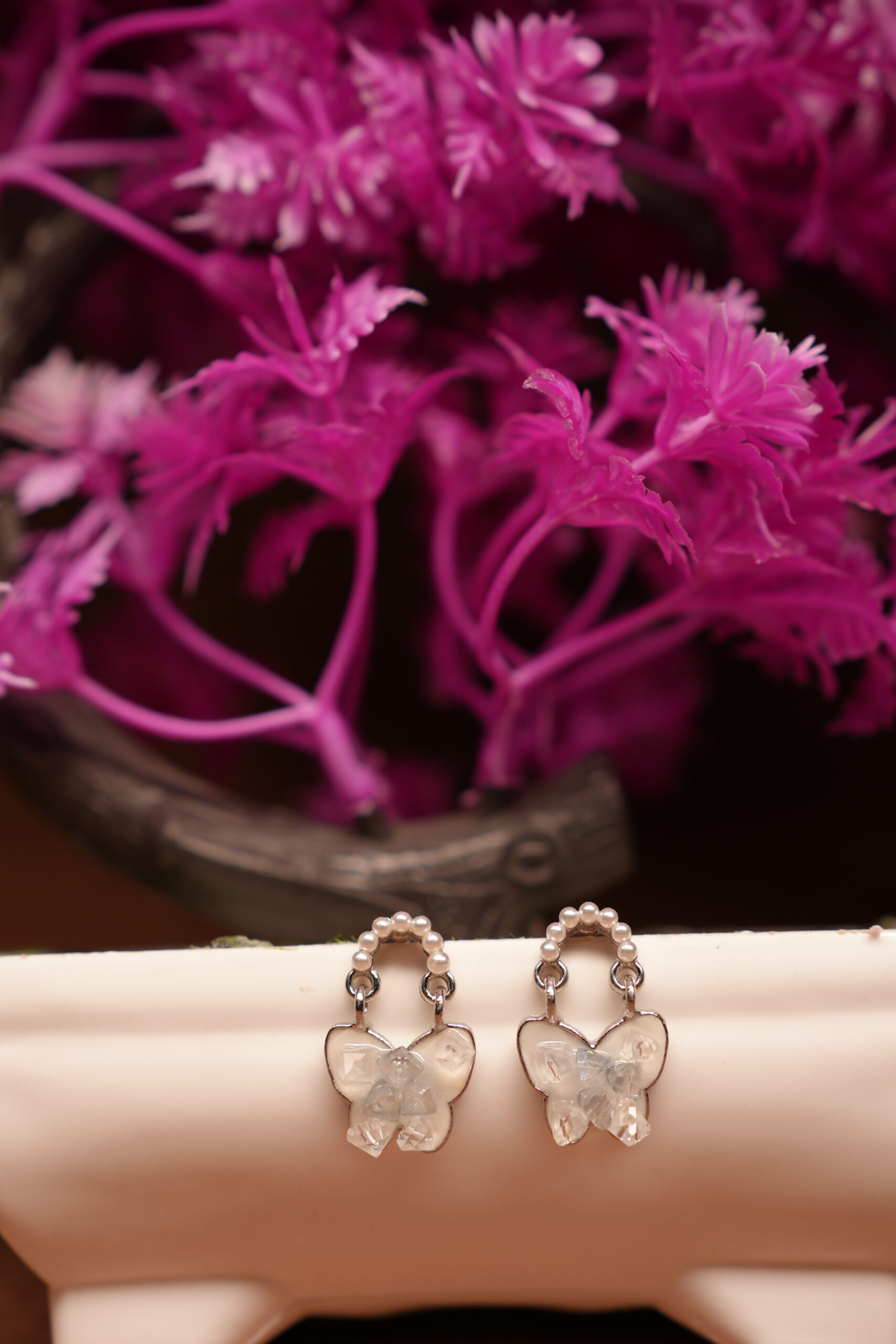 Pearl Hoop Crystal Butterfly Drop Earrings – Silver Stud - Image 4