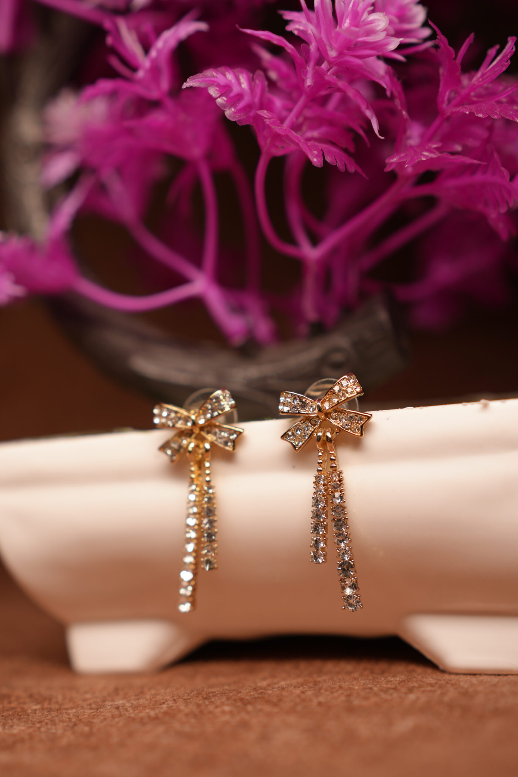 Gold Crystal Bow Tassel Drop Earrings – Rhinestone Ribbon Dangle - Image 3