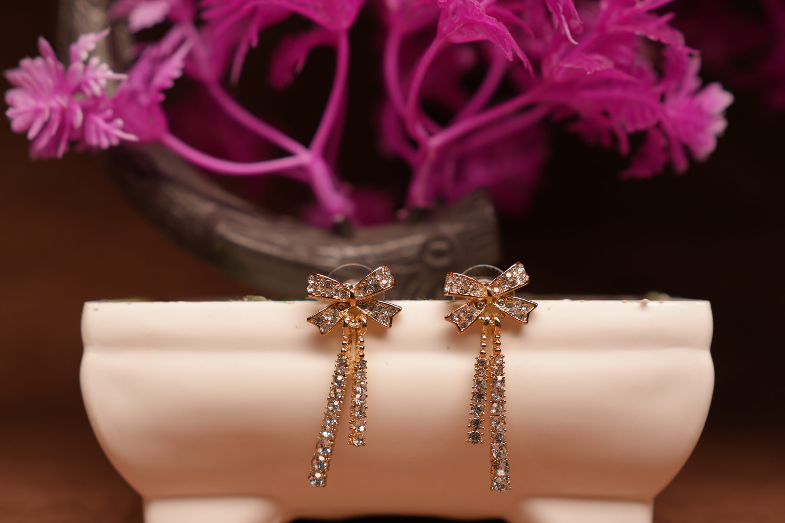 Gold Crystal Bow Tassel Drop Earrings – Rhinestone Ribbon Dangle - Image 2