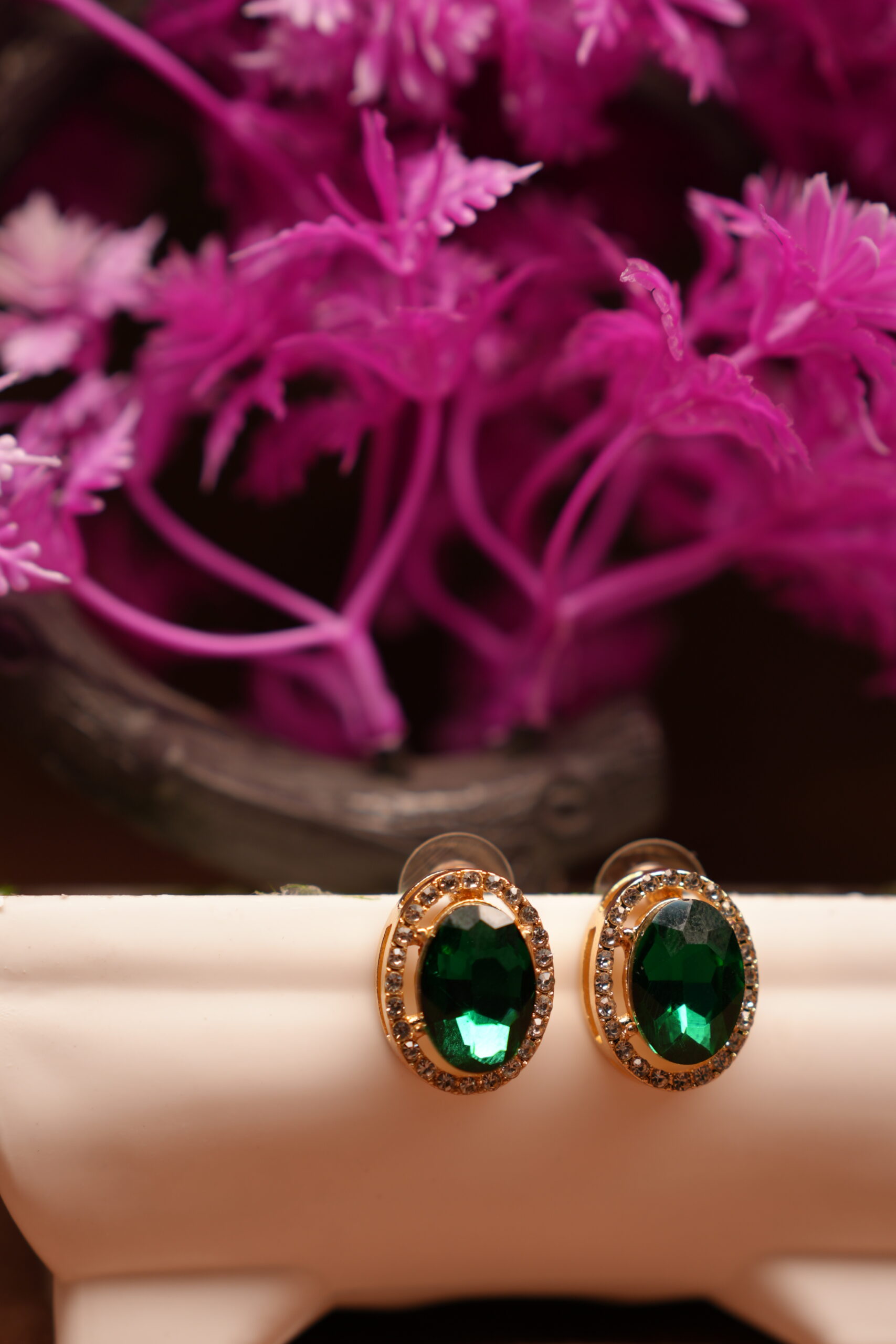 Emerald Green Oval Halo Stud Earrings - Image 3