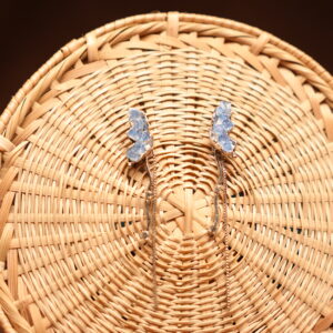 Blue crystal butterfly stud earrings with silver box chain and star drop charm displayed on wicker basket – D2Dazzle fashion jewellery India