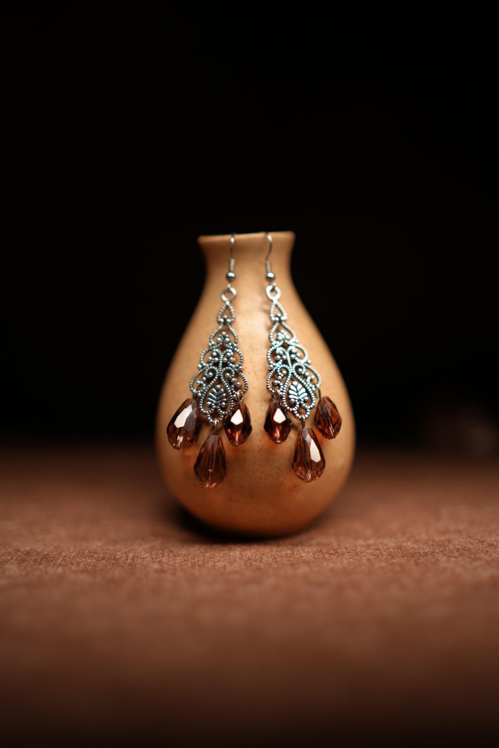Silver Filigree Chandelier Earrings with Amber Crystal Teardrop Drops - Image 4