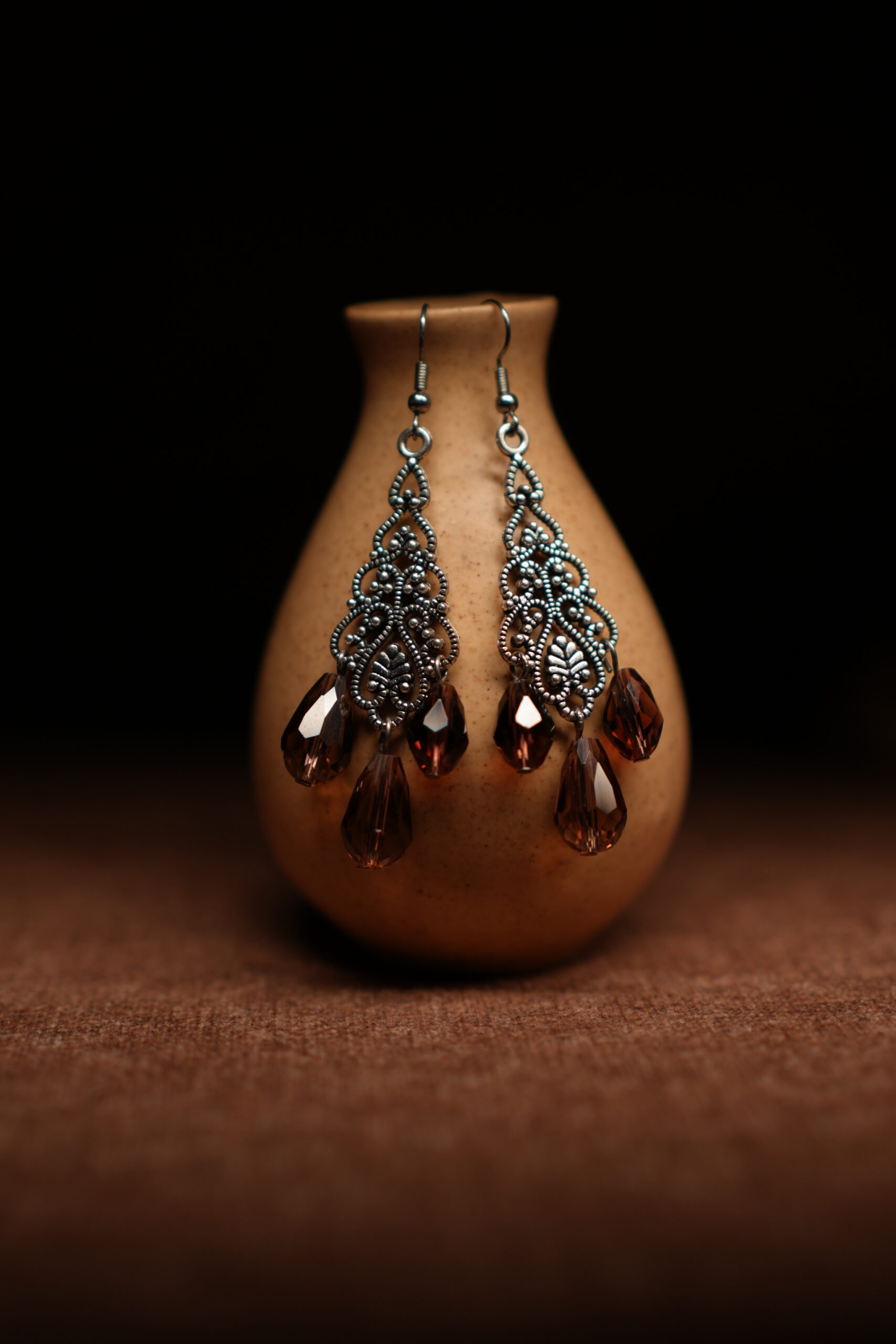 Silver Filigree Chandelier Earrings with Amber Crystal Teardrop Drops - Image 3