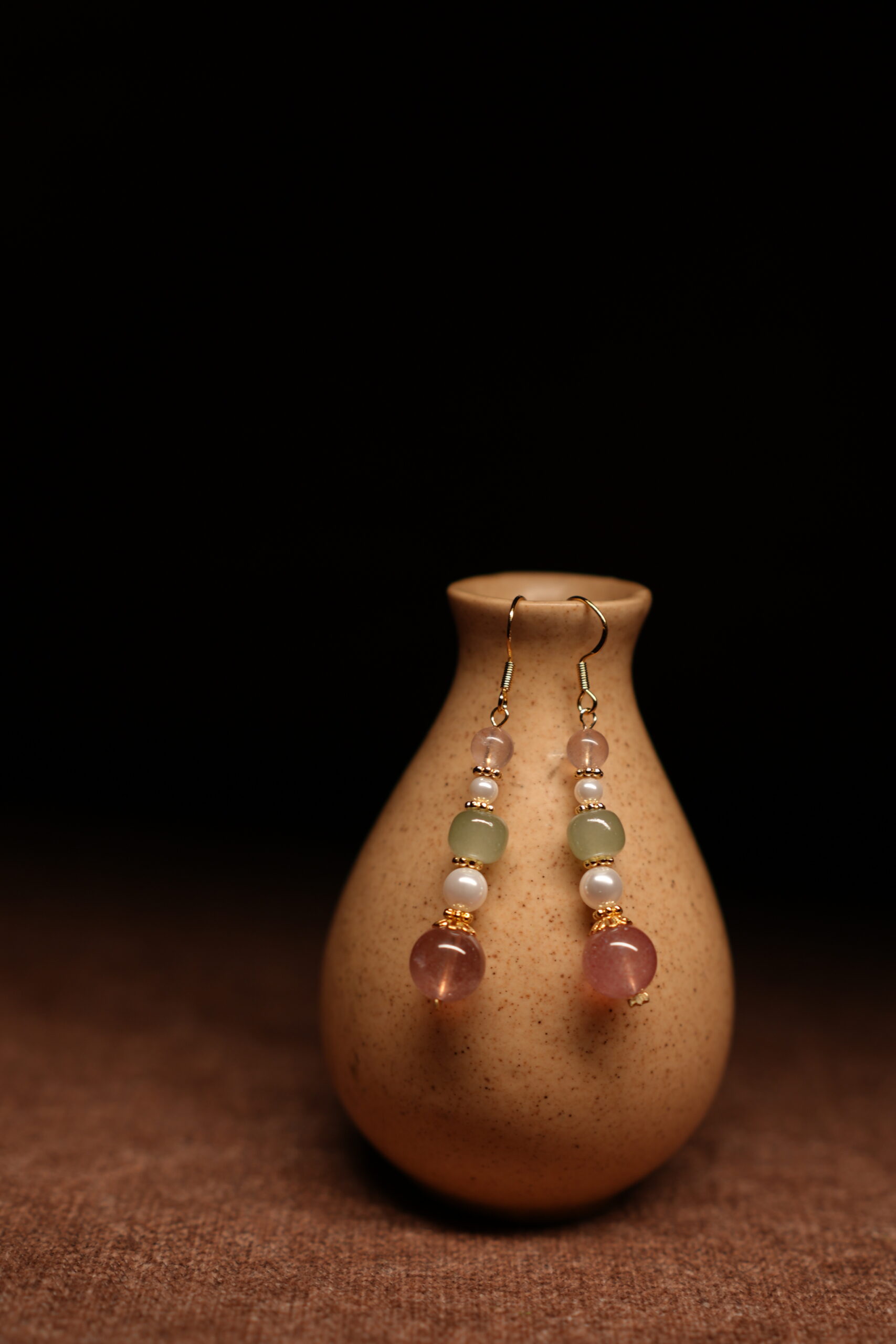 Rose Quartz, Jade & Pearl Multi-Bead Stack Drop Earrings - Image 3