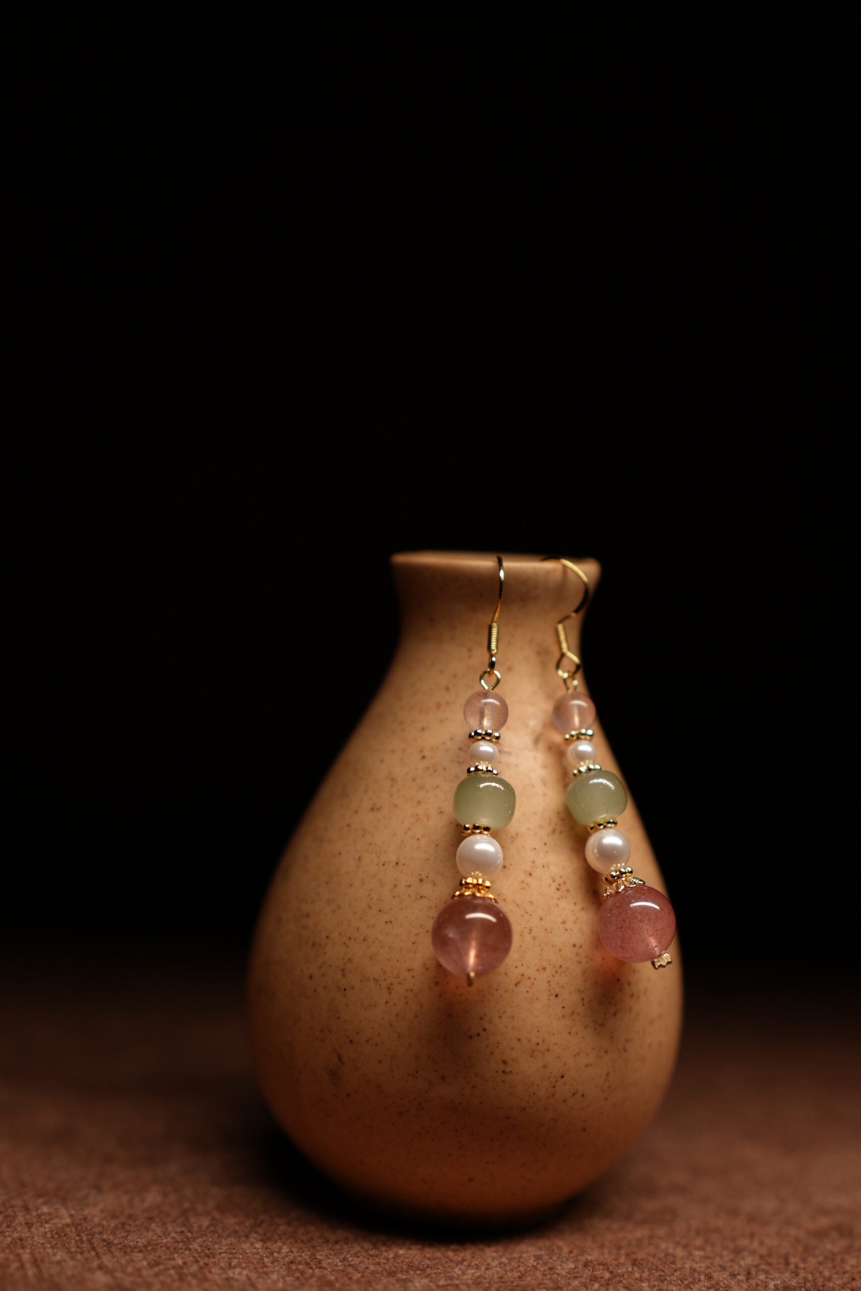 Rose Quartz, Jade & Pearl Multi-Bead Stack Drop Earrings - Image 2