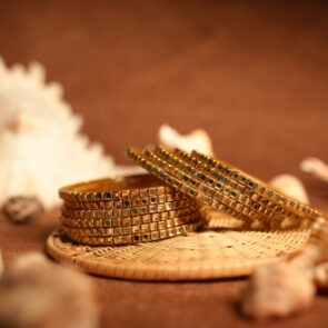 Gold square kundan bangle set of 6 pieces with mirror stone work — d2dazzle.com
