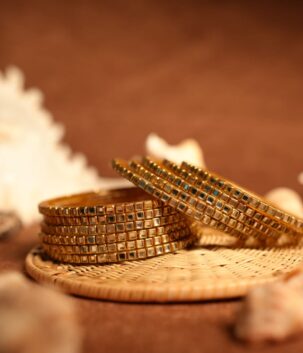 Gold square kundan bangle set of 6 pieces with mirror stone work — d2dazzle.com