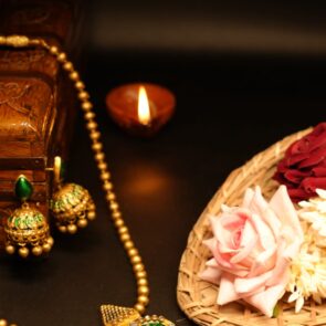 Antique gold green meenakari pendant necklace and jhumka earring set — d2dazzle.com