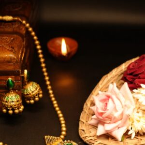 Antique gold green meenakari pendant necklace and jhumka earring set — d2dazzle.com