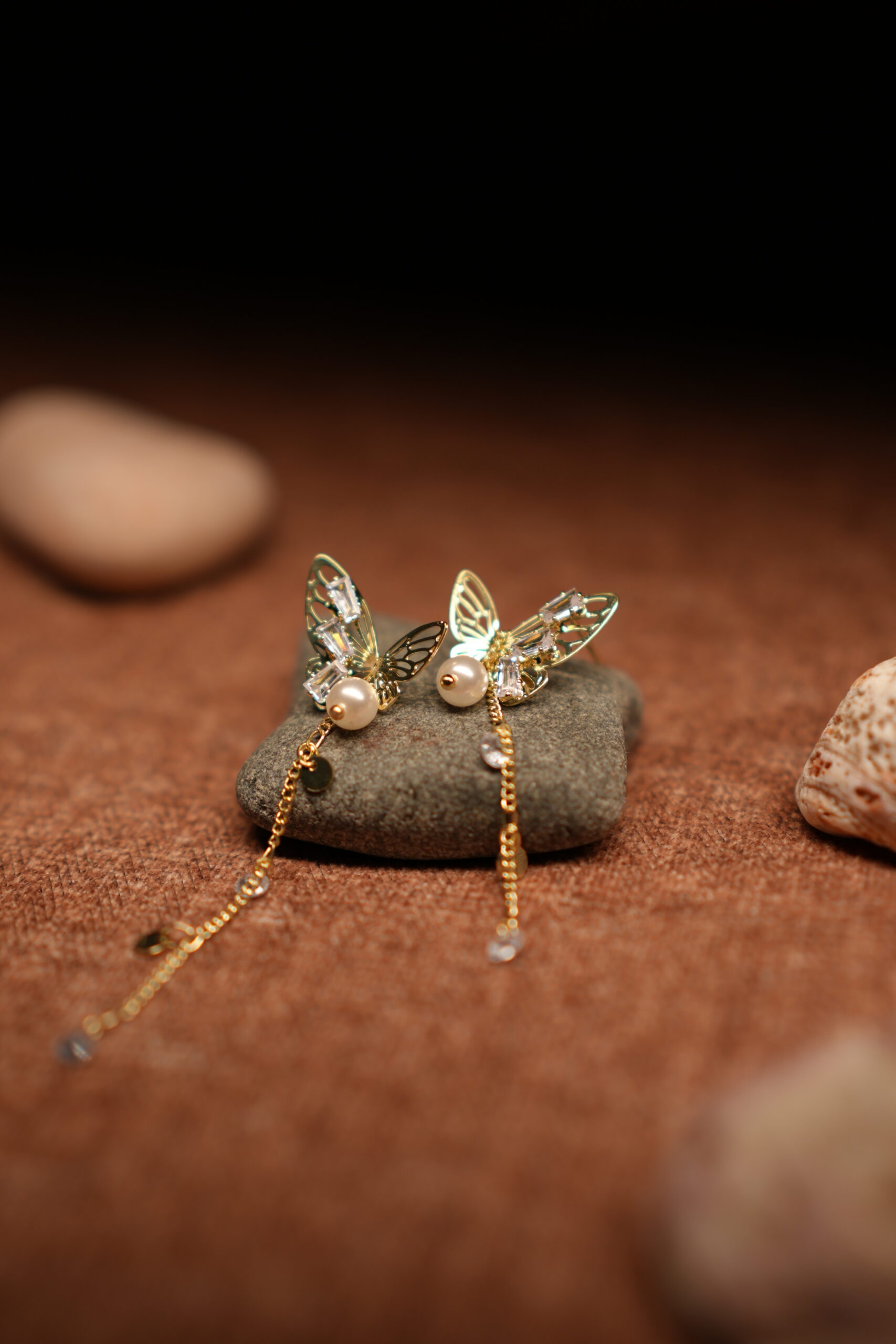 Gold Butterfly Pearl & Crystal Chain Tassel Earrings - Image 3