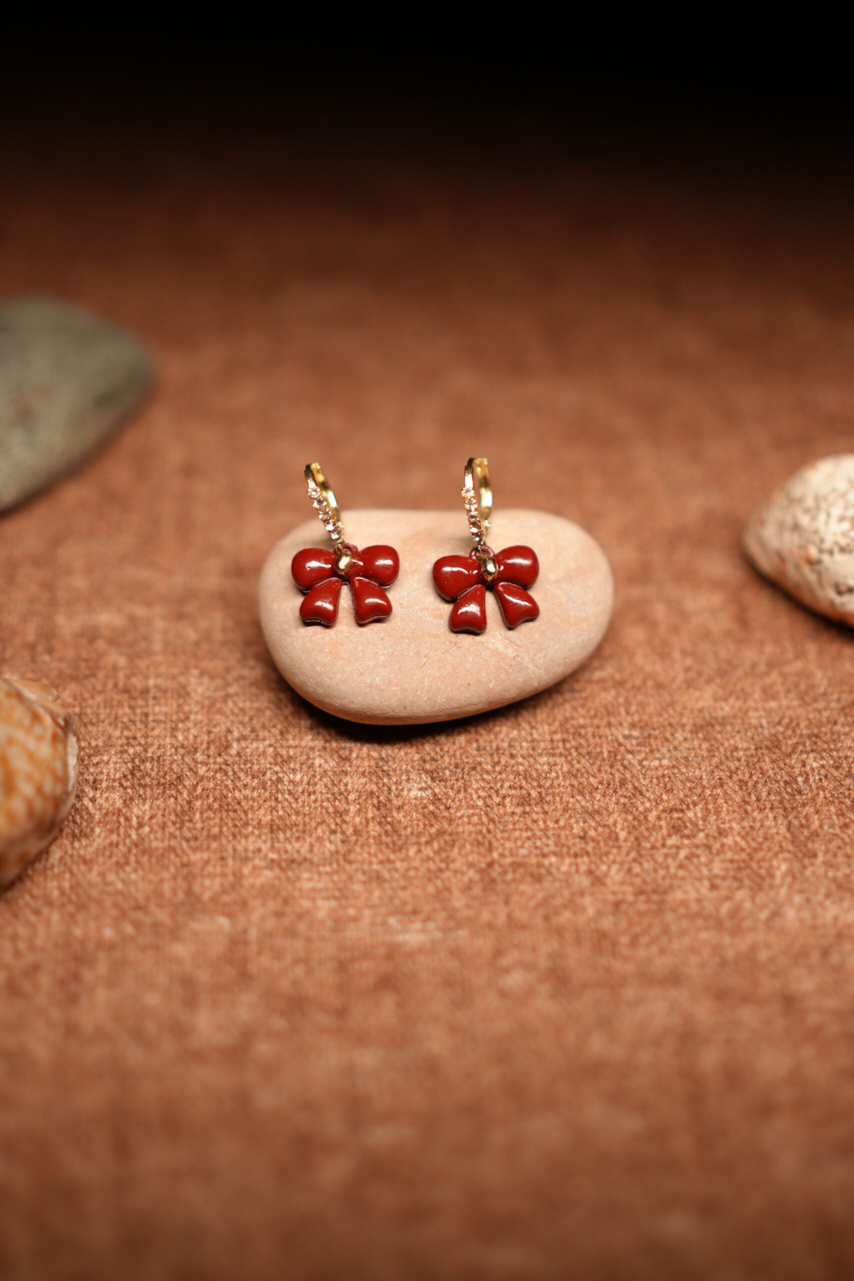 Red Enamel Bow Crystal Hoop Drop Earrings - Image 5