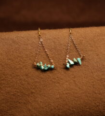 A pair of gold-tone chain drop earrings with a triangular silhouette, featuring a row of raw turquoise chip stones on a horizontal bar, displayed on a warm brown fabric surface.