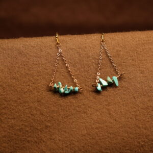 A pair of gold-tone chain drop earrings with a triangular silhouette, featuring a row of raw turquoise chip stones on a horizontal bar, displayed on a warm brown fabric surface.