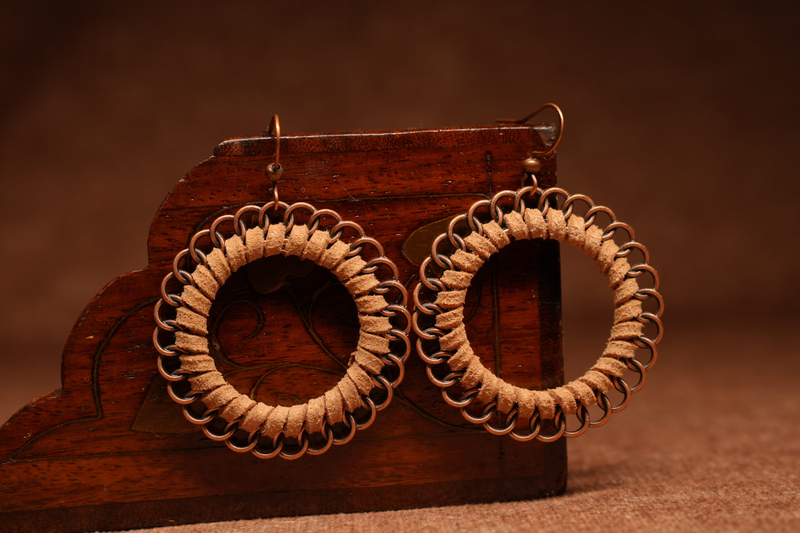 Suede Cord & Copper Chainmail Hoop Earrings - Image 3