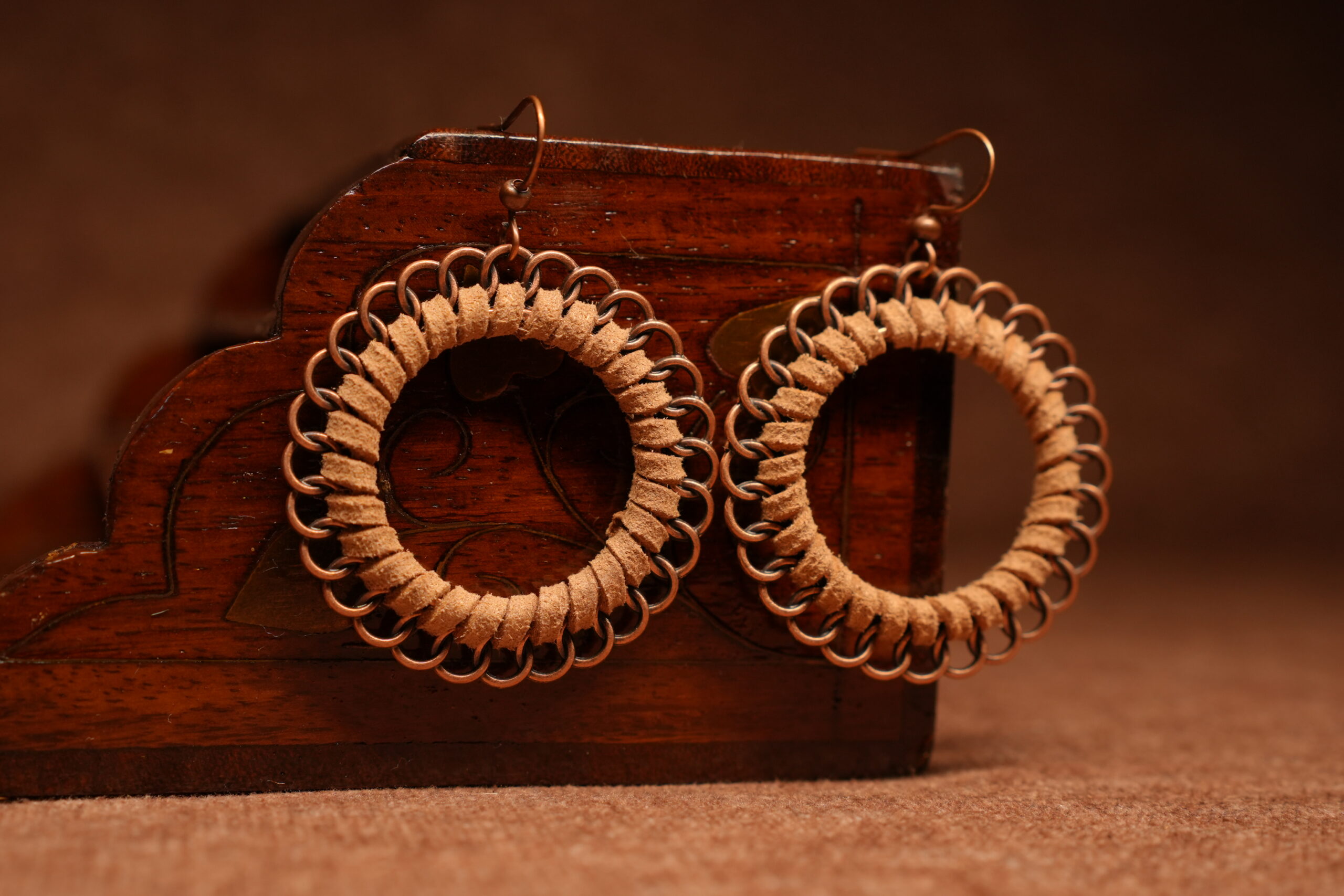 Suede Cord & Copper Chainmail Hoop Earrings - Image 2