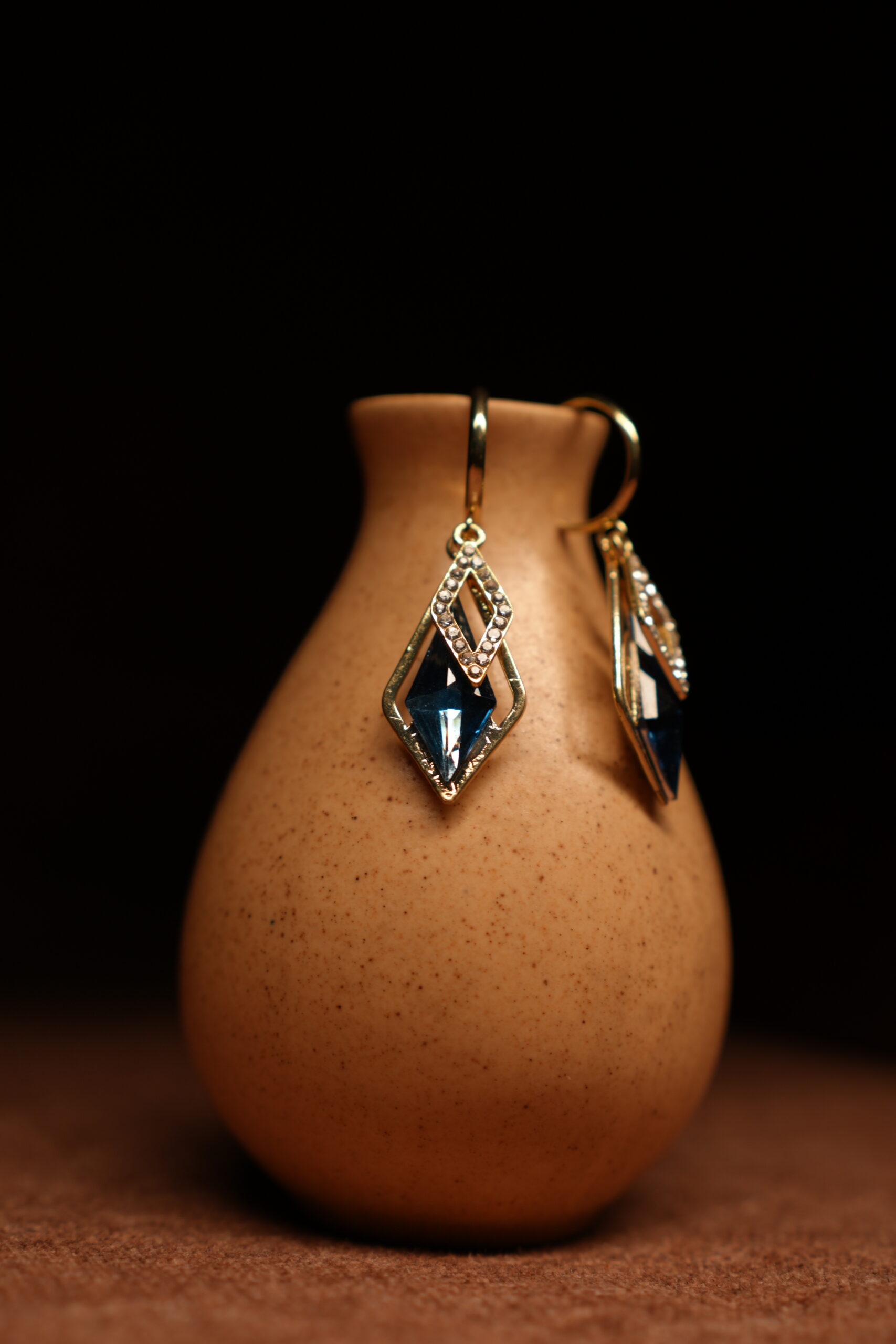 Sapphire Blue Diamond-Shape Crystal Hoop Drop Earrings - Image 4