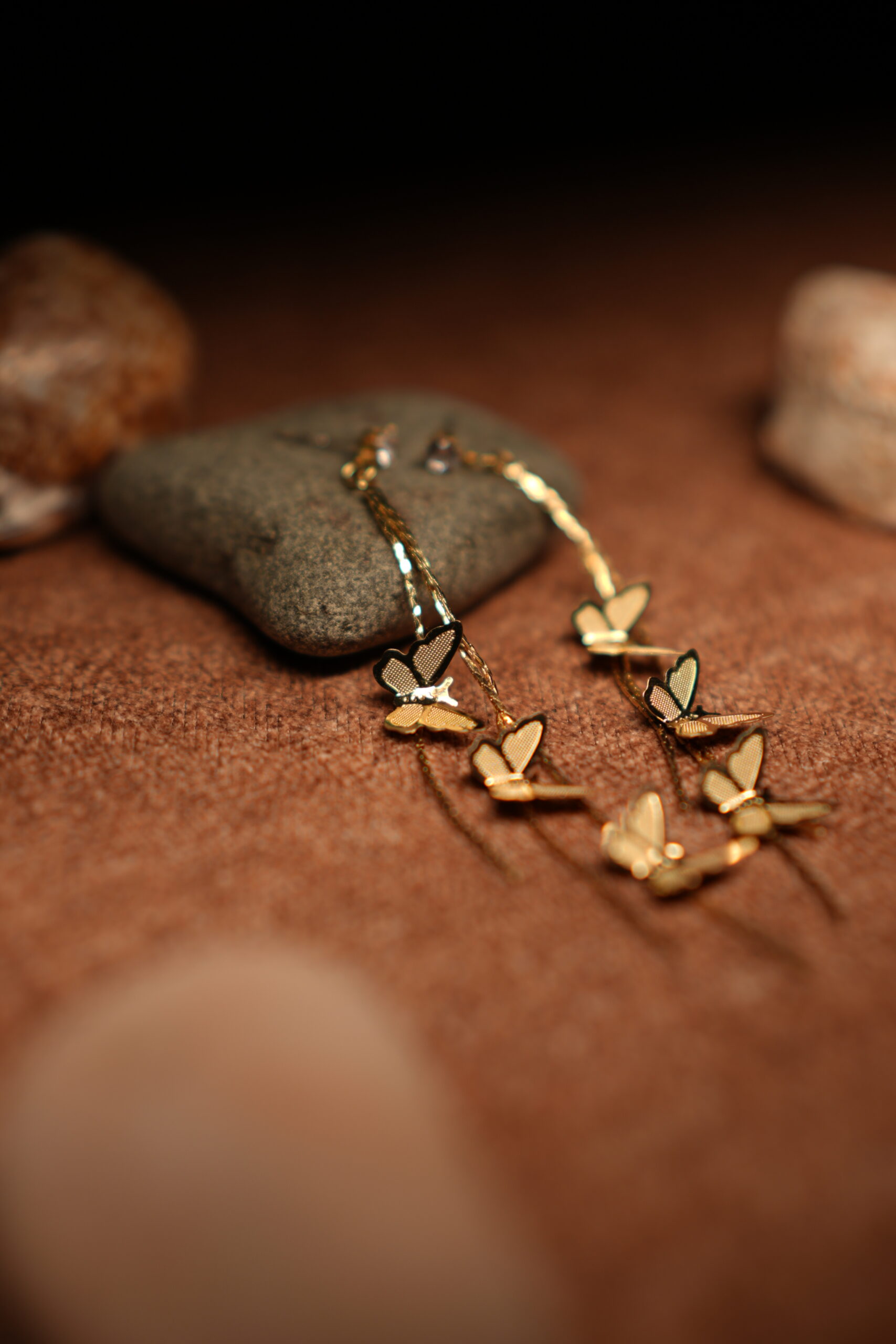 Triple Gold Butterfly Long Chain Drop Earrings - Image 3