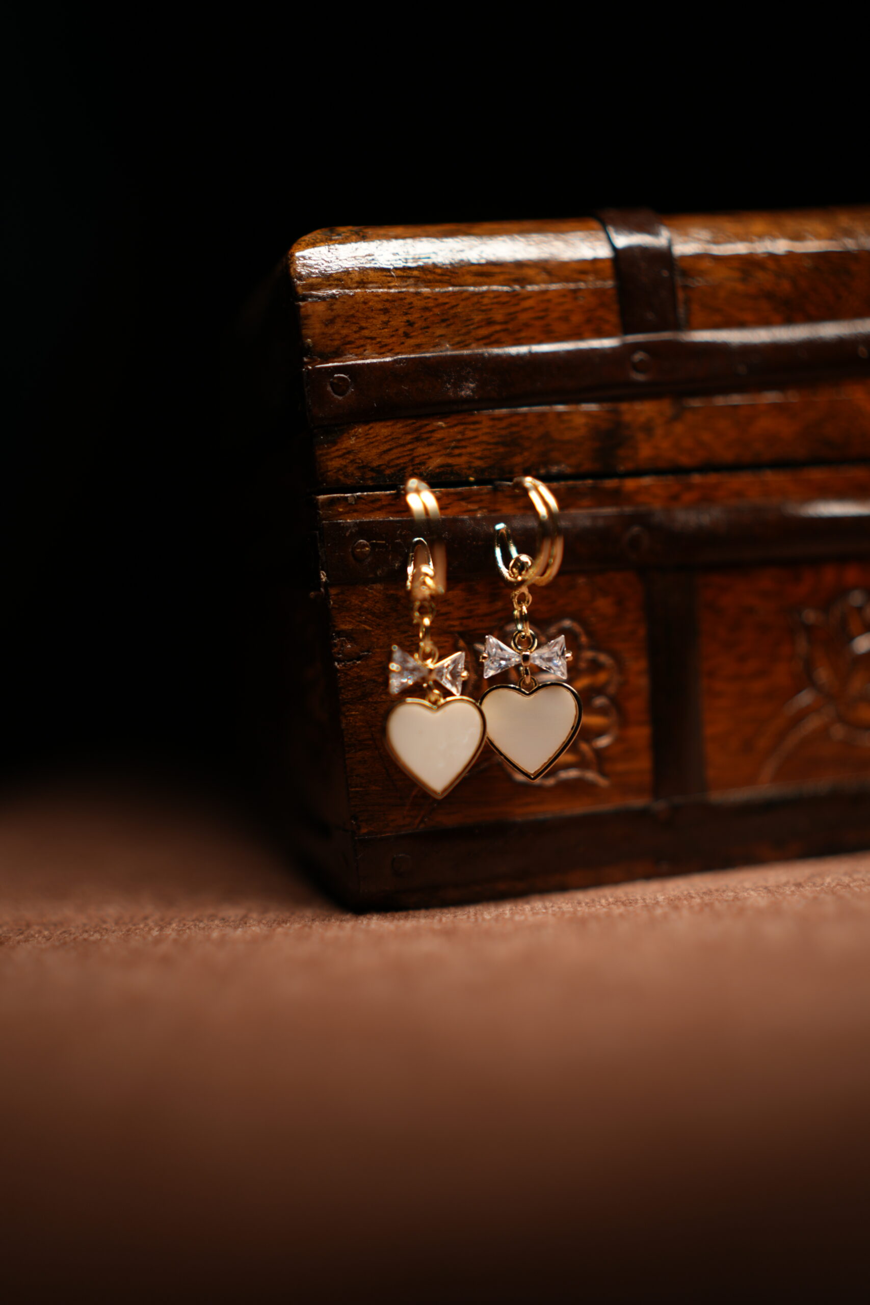 White Enamel Heart & Crystal Bow Gold Hoop Drop Earrings - Image 3