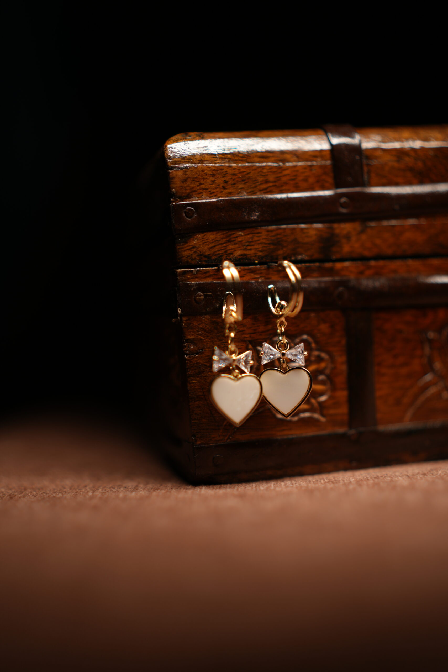 White Enamel Heart & Crystal Bow Gold Hoop Drop Earrings - Image 2