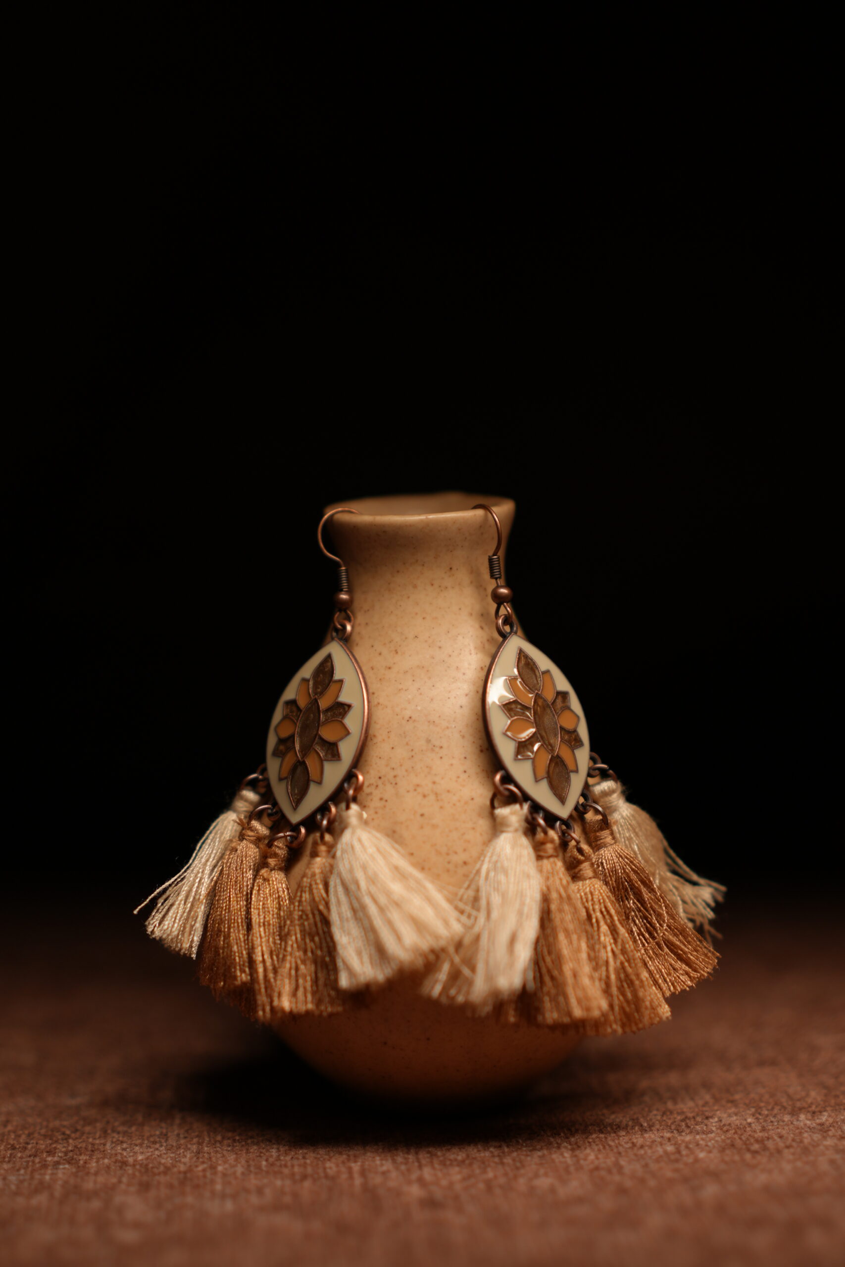 Ivory & Gold Lotus Enamel Multi-Tassel Drop Earrings - Image 4