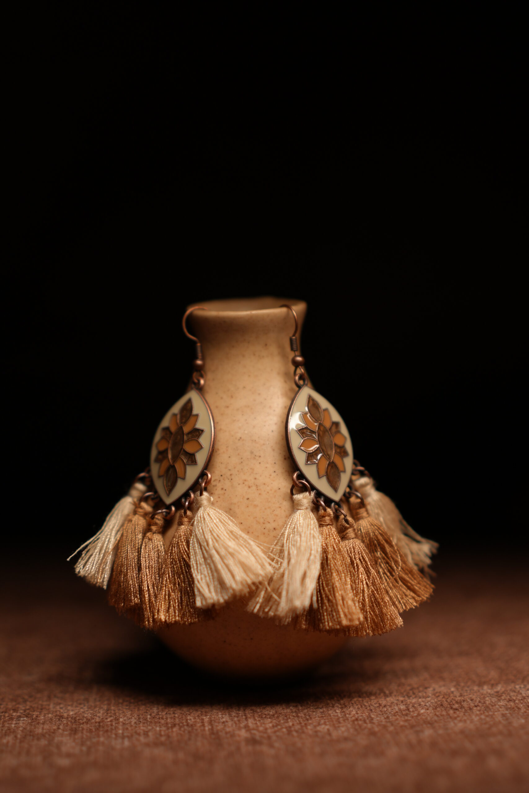 Ivory & Gold Lotus Enamel Multi-Tassel Drop Earrings - Image 3