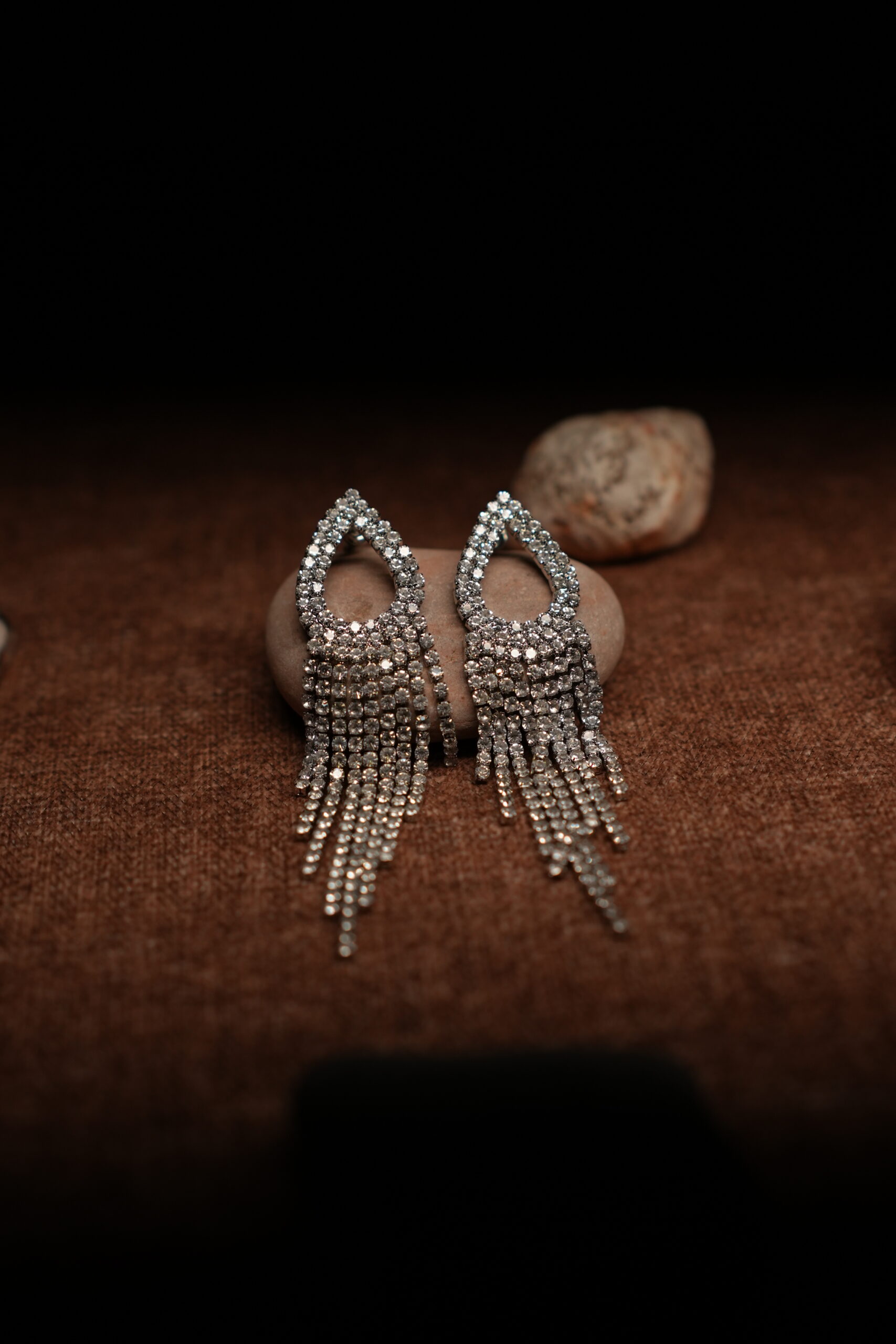 Silver Crystal Pave Teardrop & Rhinestone Fringe Drop Earrings - Image 4