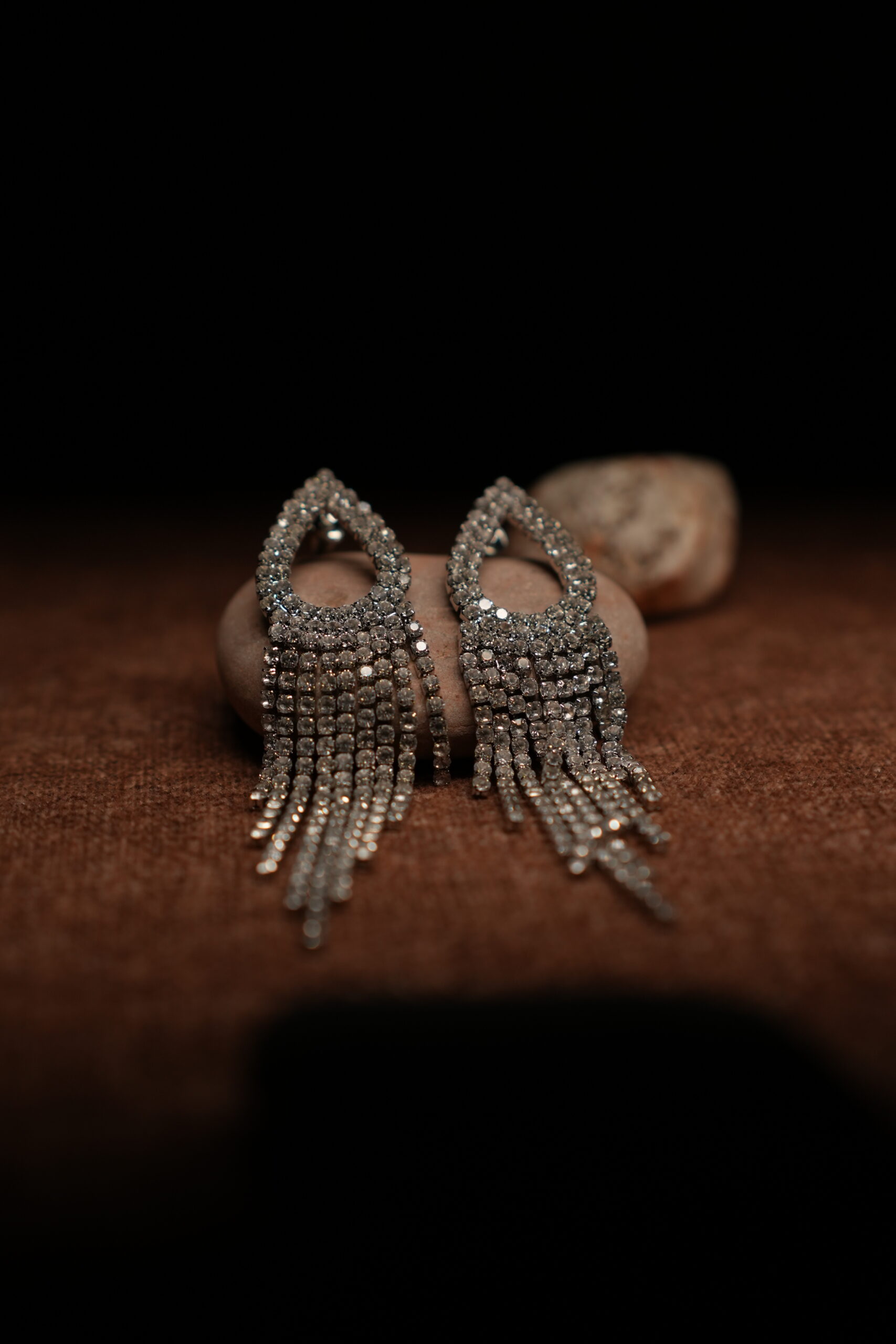 Silver Crystal Pave Teardrop & Rhinestone Fringe Drop Earrings - Image 3