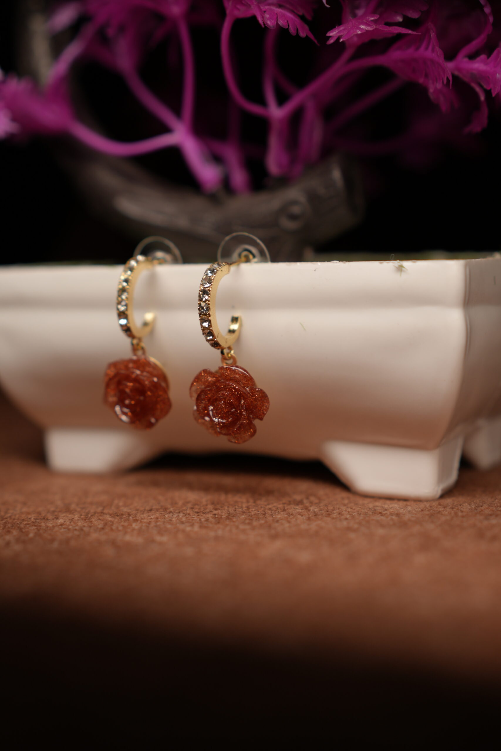 Amber Glitter Rose Crystal Pave Hoop Drop Earrings - Image 4