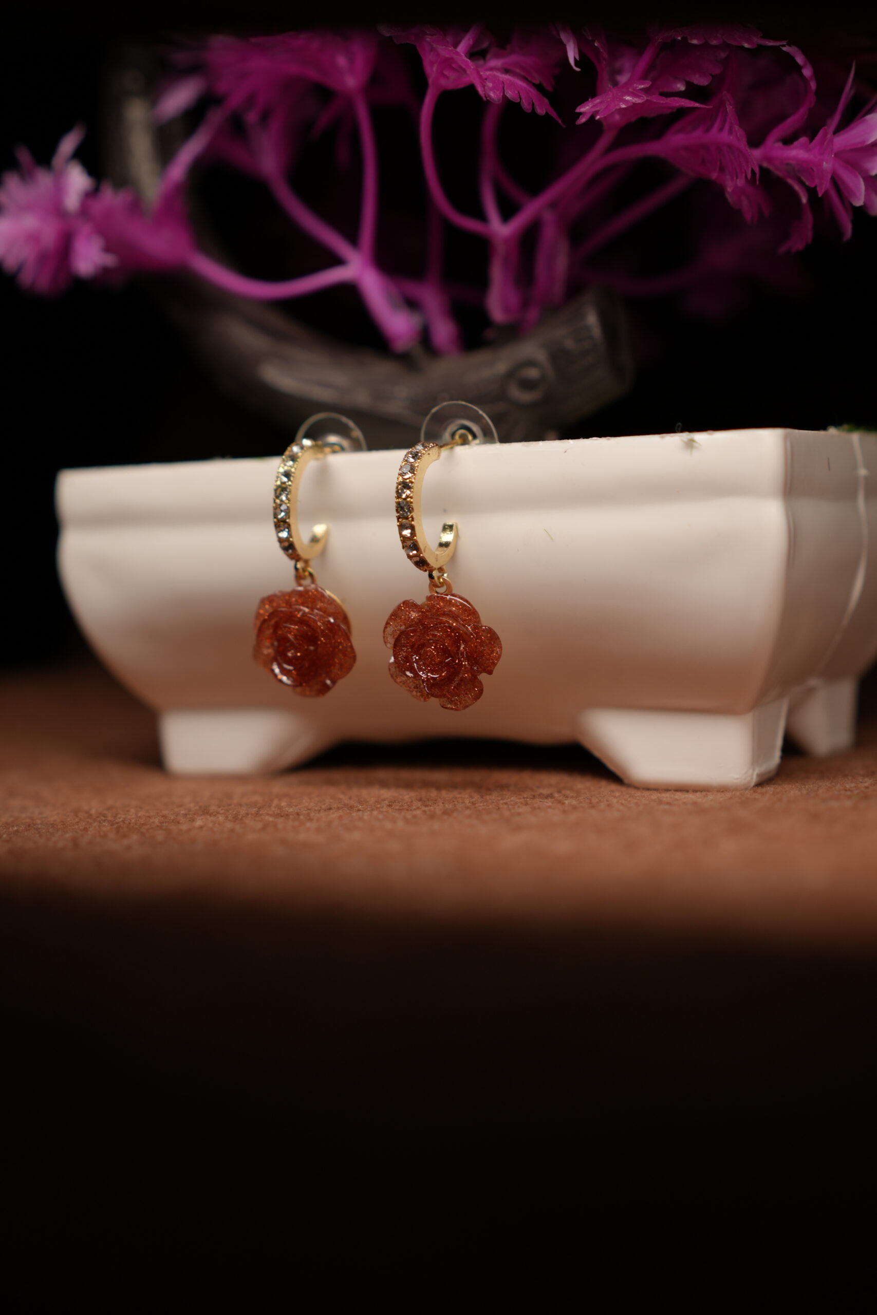 Amber Glitter Rose Crystal Pave Hoop Drop Earrings - Image 3