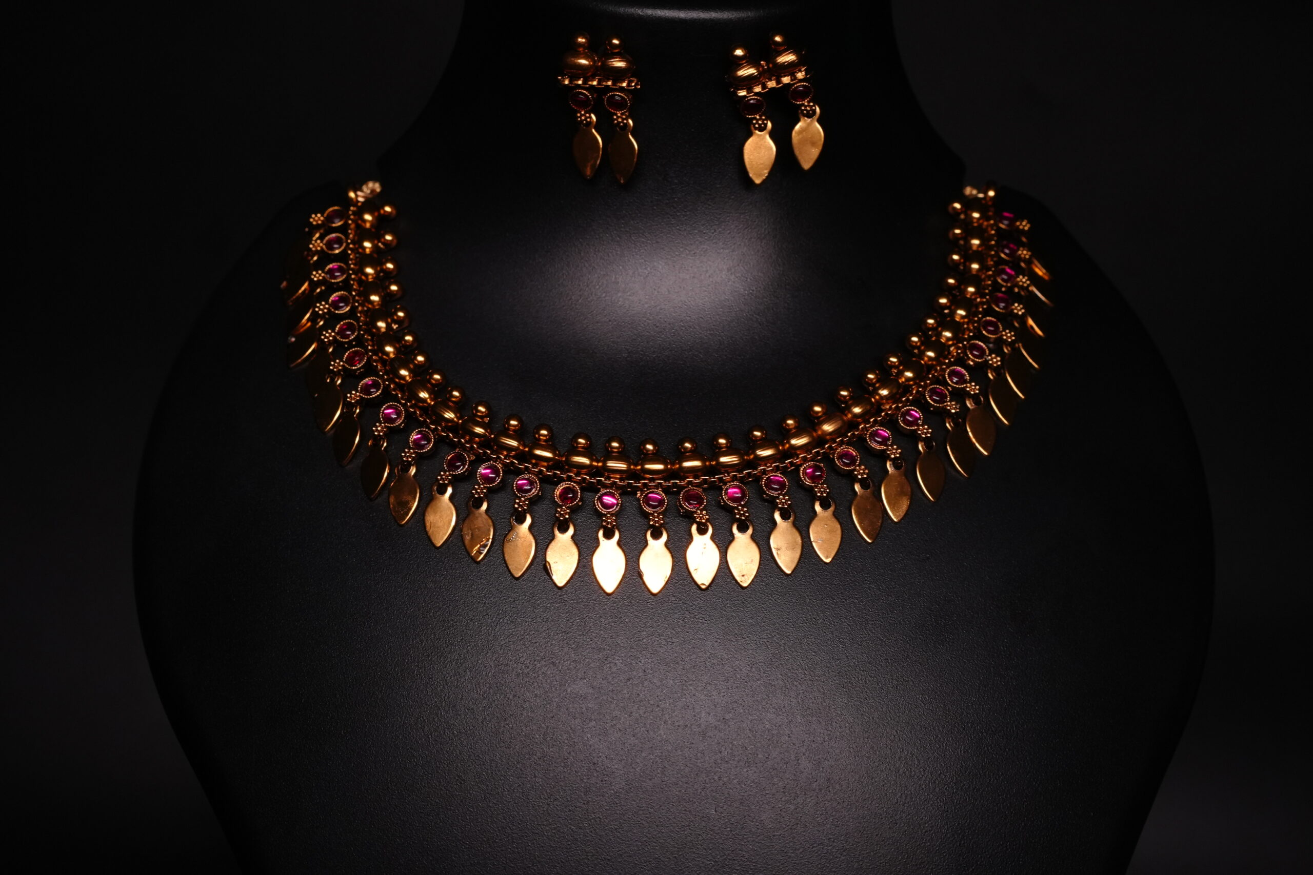 Ellakathali Antique Gold Leaf Drop Necklace Set with Ruby Stones - Image 2