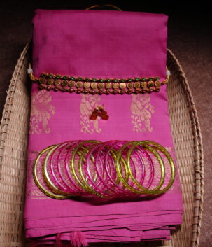 Kundan Coin Necklace Set with Earrings, styled on a pink silk saree with matching earrings.