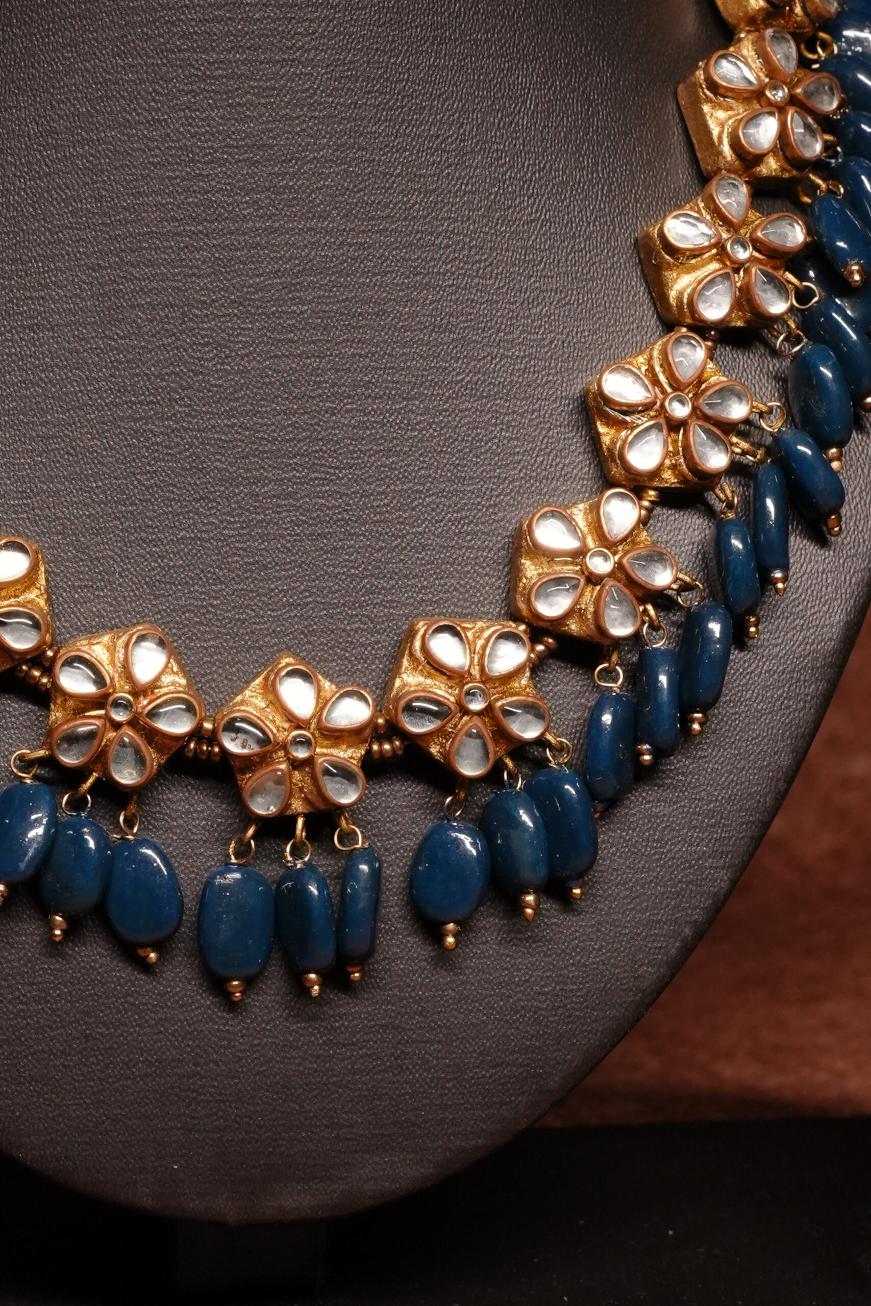 Gold Plated Kundan Floral Blue Beaded Necklace Set - Image 3
