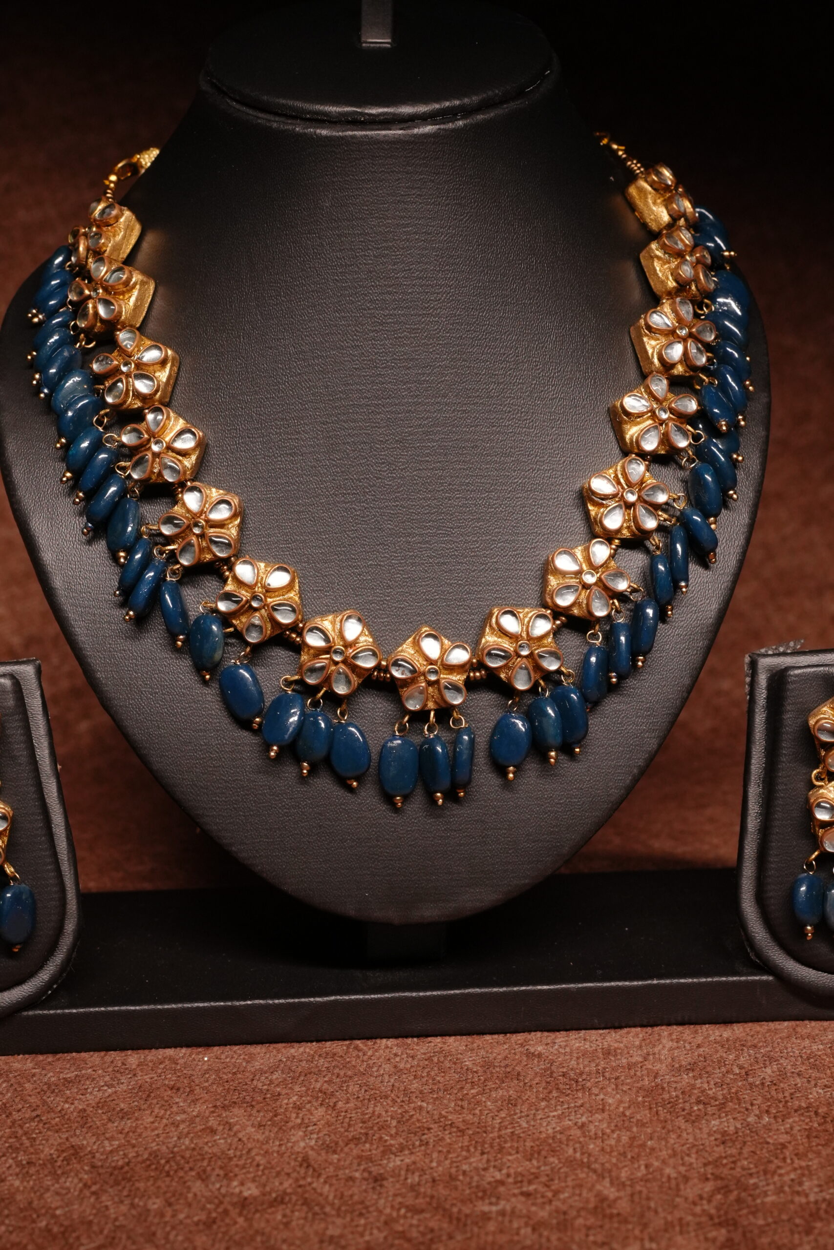 Gold Plated Kundan Floral Blue Beaded Necklace Set - Image 4