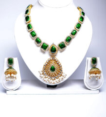 Gold plated bridal necklace set with emerald-green kundan stones and pearl-fringed pendant, paired with matching jhumka earrings.