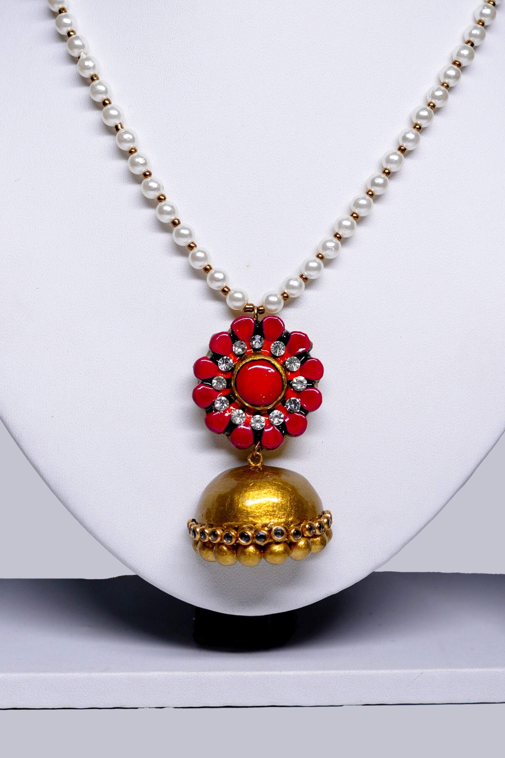 Pearl Beaded Floral Pendant Jhumka Necklace Set - Image 3