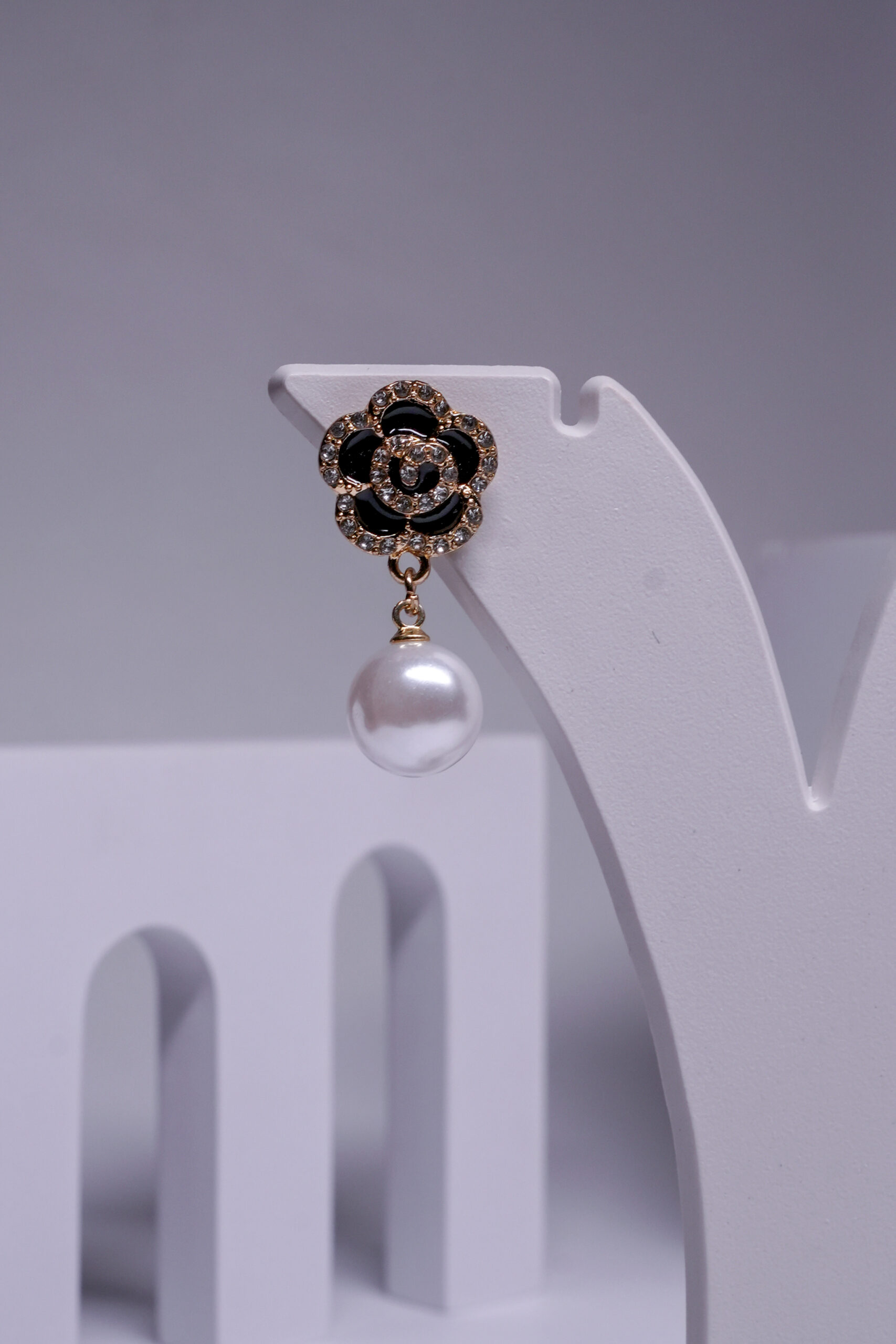 Black Floral Crystal Pearl Drop Earrings - Image 4