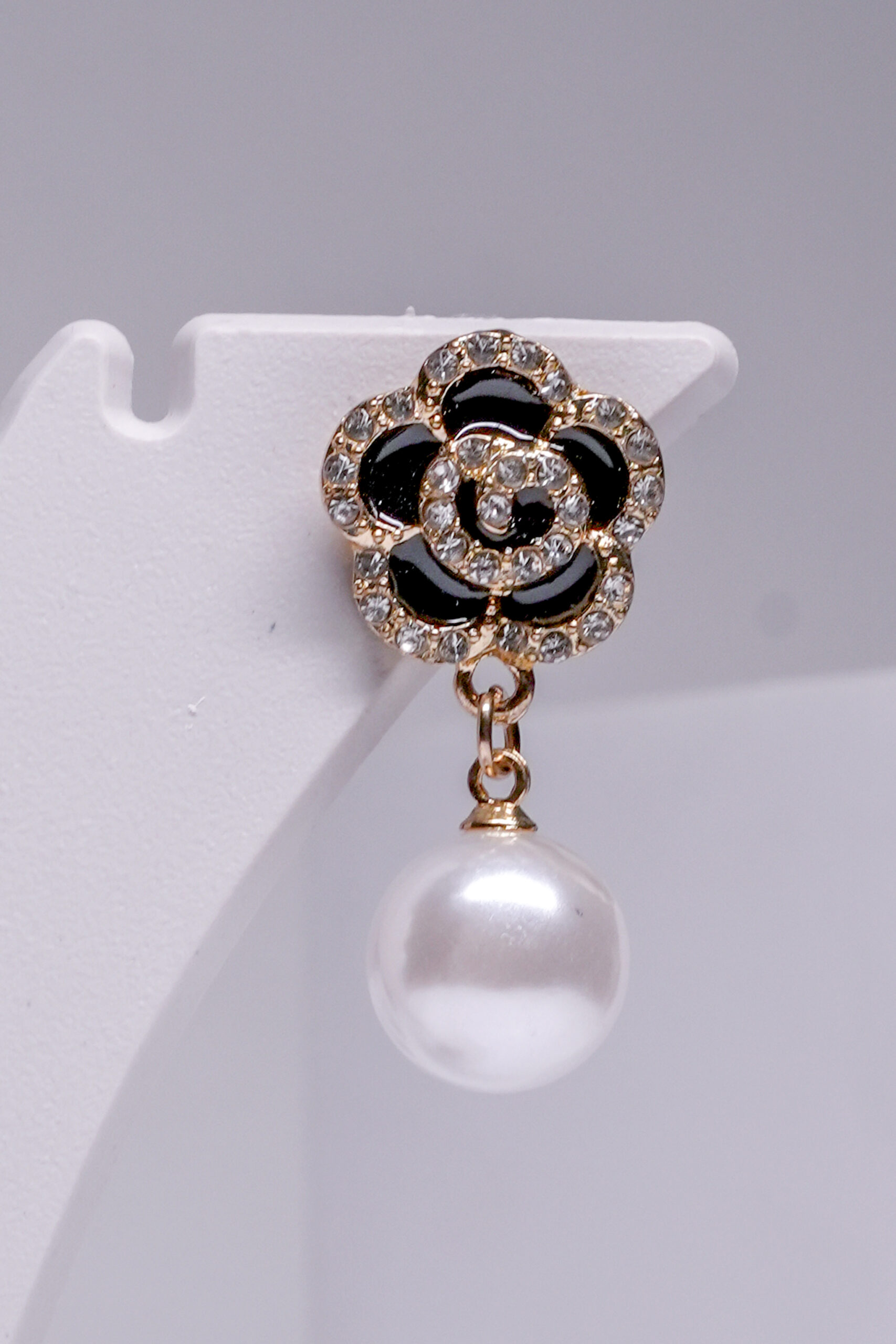 Black Floral Crystal Pearl Drop Earrings - Image 3