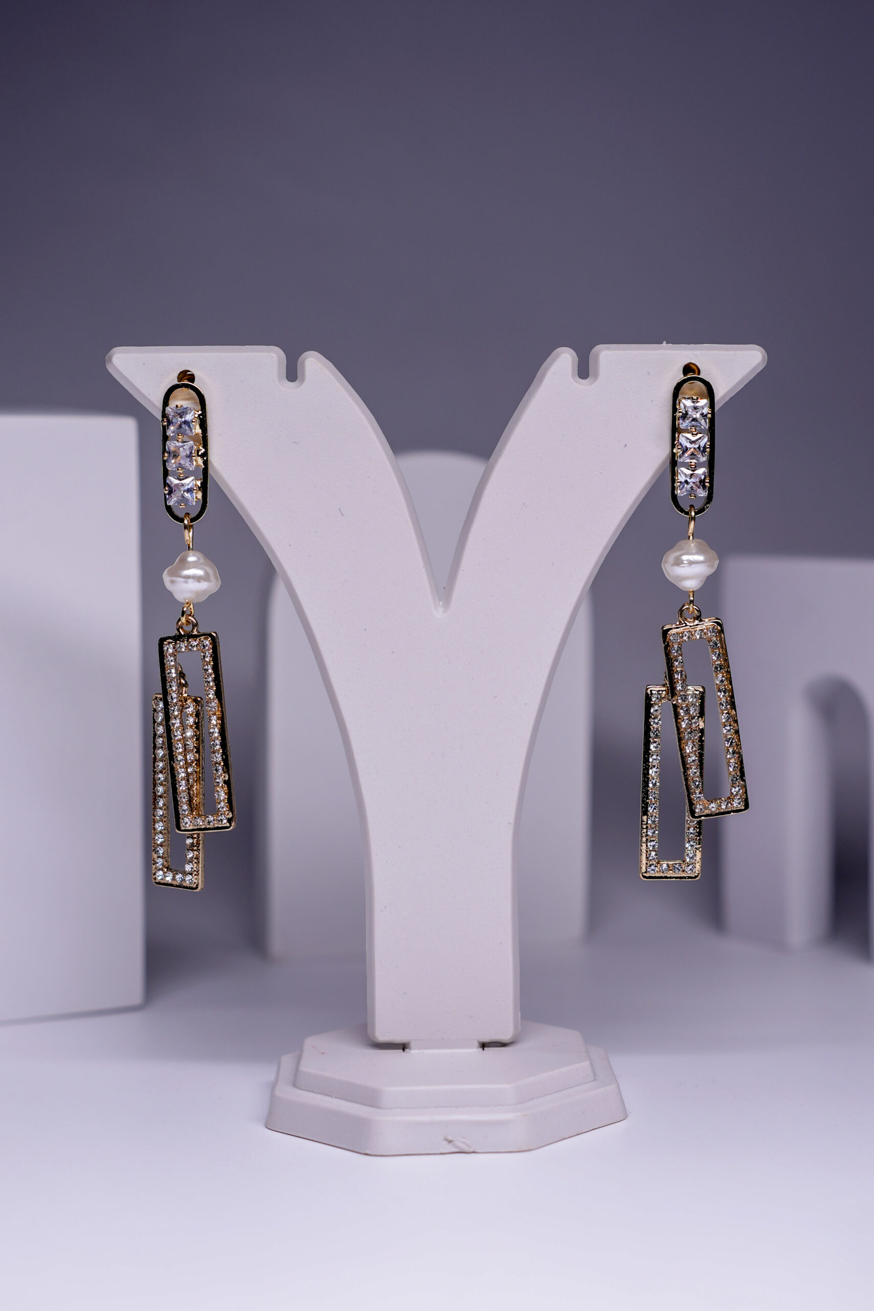 Crystal Pearl Geometric Drop Earrings