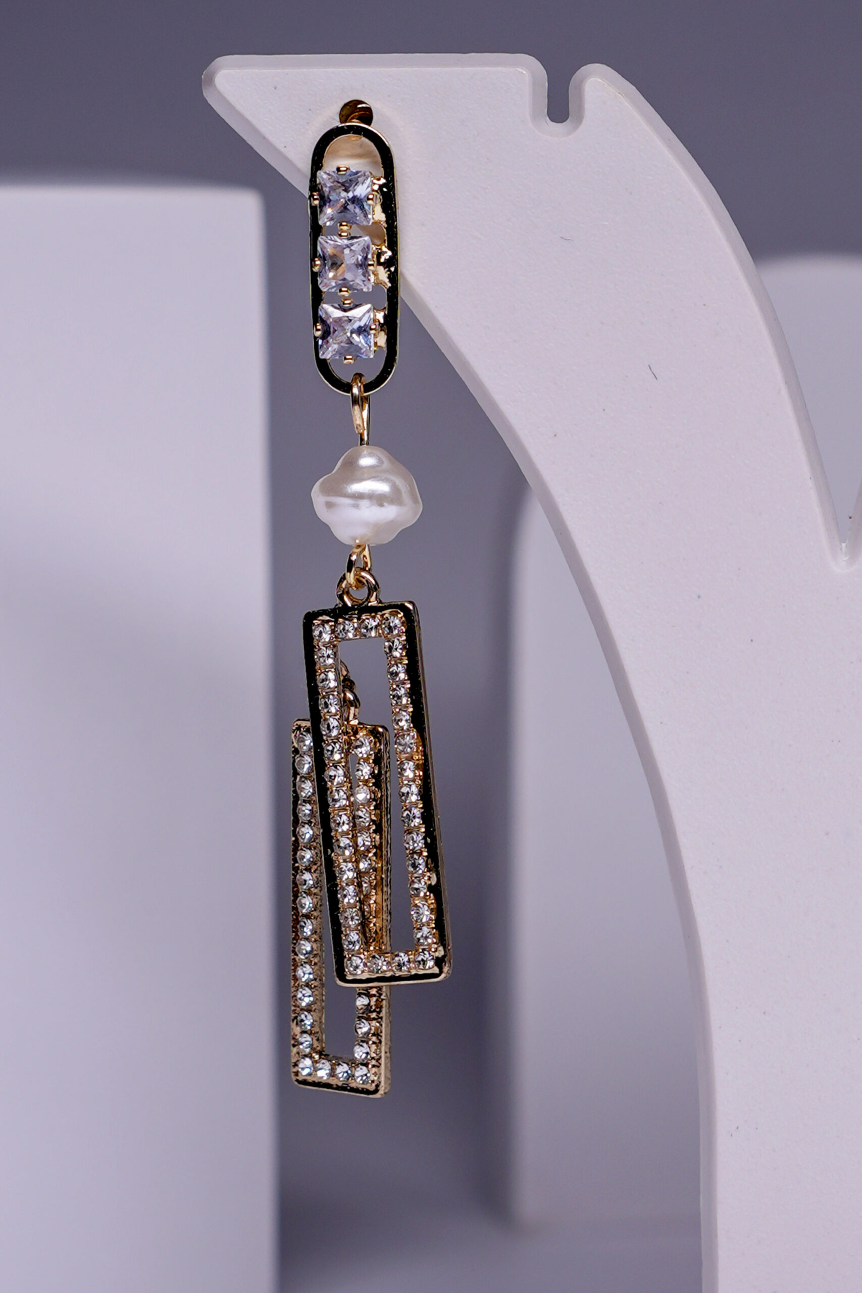 Crystal Pearl Geometric Drop Earrings - Image 3