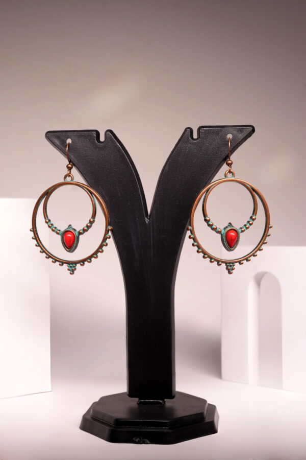Antique Copper Boho Red Stone Hoop Earrings