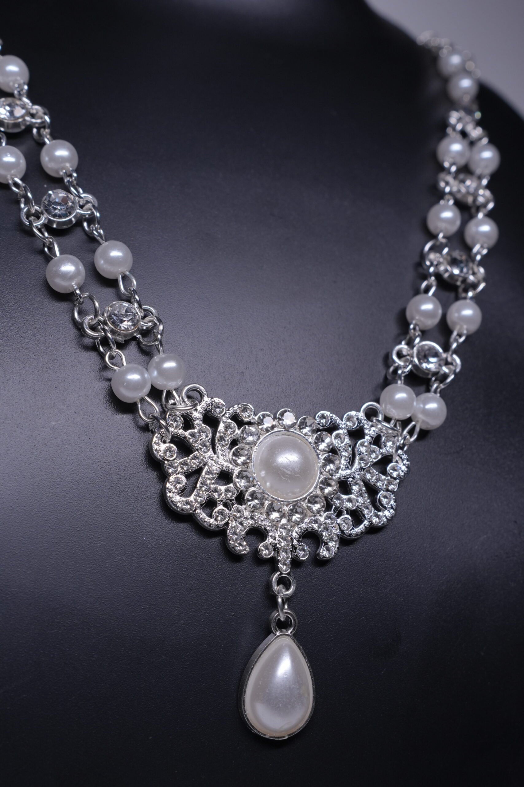 Silver Toned Pearl CZ Bridal Statement Necklace - Image 4
