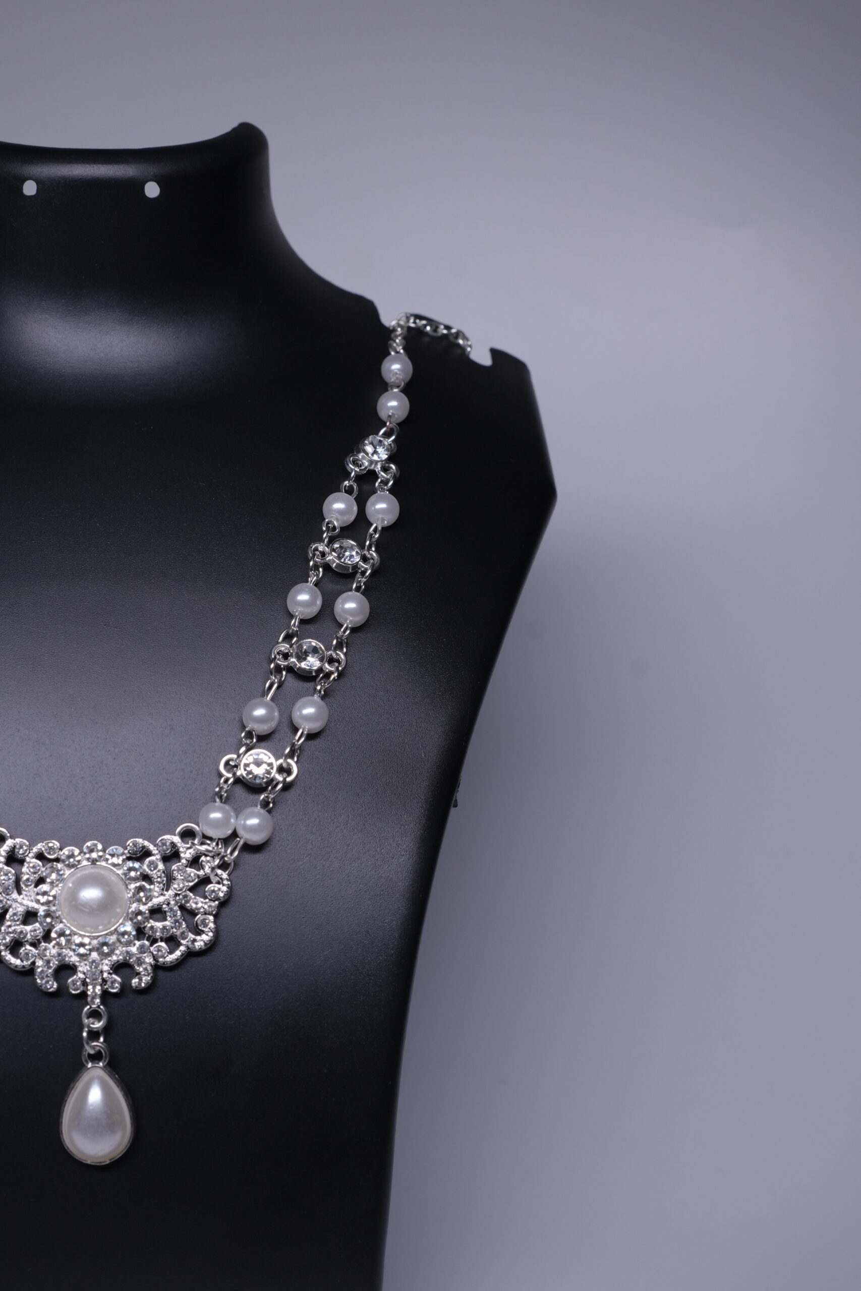 Silver Toned Pearl CZ Bridal Statement Necklace - Image 3